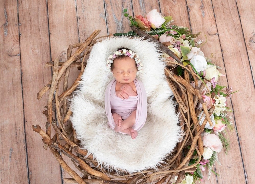 Neugeborenen-Shooting: Newborn im Nest mit Blumen, Holzboden (Master) – Photography Ruel, Ebreichsdorf